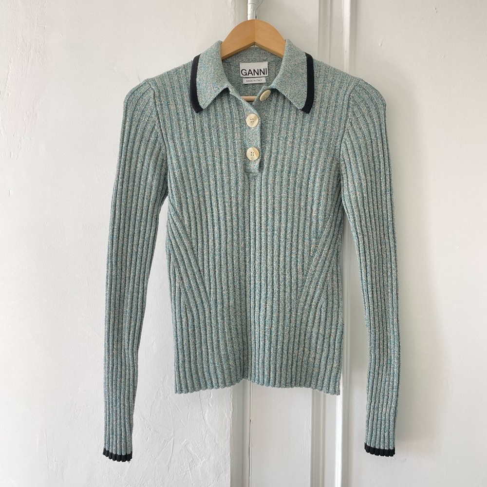 NWOT GANNI Rib Knit LS Polo